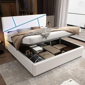 Rtopsu Letto Imbottito Letto Matrimoniale 180x200 cm con LED Testata, Letto con Contenitore, Struttura del Letto con Telai Idraulici in Metallo e Doghe in Legno, PU, Bianco, Senza Materasso