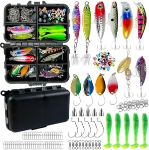 Fishing Lures Kit，137Pcs Tackle Box Including Crankbaits,Plastic Worms, Tackle Box and More Fishing Gear Lures Kit Set， Included for Salmon,Bass, Saltwater & Freshwater Fishing