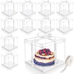 Maxdot 10 Pcs Transparent Tall Cake Boxes 12" x 12" x 10" Large Clear Cake Box with Ribbon Cake Carrier PET Wedding Cake Storage Container Clear Gift Boxes for Party Birthday Dessert Display White
