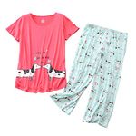 ENJOYNIGHT Women's Pajama Short Sleeve Sets Top with Capri Pants Sleepwear Sets Loungewear(Medium,Red Dog)