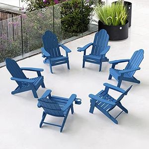 LUE BONA Folding Adirondack Chair Set of 6, HDPS Weather Resistant Outdoor Patio Chair for Balcony Garden, 350lbs Heavy Duty, One-Step No-Pin Folding, Wood Grain Texture, Fire Pit Seating, Navy Blue
