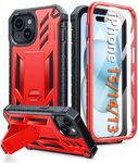 FNTCASE for iPhone 15 Phone Case: Military Grade Shockproof Full Protection Hard Phonecase with Kickstand - Dual Layer Matte Textured Drop Proof Rugged Protective Cover - 6.1 Inch (Red)