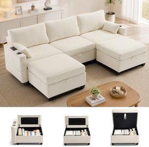 VBONDA 110" Modular Sectional Couch with Storage Seat & Ottoman,3 Seater U Shaped Deep Seat Sofa with USB Charging Port and Cupholder for Living Room,Beige