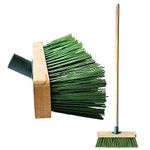 12” Broom Outdoor Yard Broom Sweeping Brush Strong PVC Bristles with Wooden Handle Garden Brooms for Cleaning Patio Yards Driveways Warehouse and Garage (GREEN)