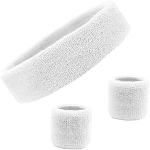 Sweatband Set Cotton Sports Headband Terry Cloth Wristband Moisture Wicking Sweat Absorbing Head Band Athletic Exercise Basketball Wrist Sweatbands and Headbands by Kenz Laurenz (White)