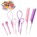 CARILI Topsy Tail Hair Tools, 208pcs Hair Styling Tools for Girls, 2pcs Rat Tail Comb 4pcs French Braiding Tool Hair Loop Styling Tool 2pcs Elastic Hair Rubber Bands Cutter, 200 Colored Children Rubber Bands for Children Girls