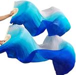 KIKIGOAL 1 Pair(Left+Right) Women Real Silk Belly Dance Fan Veil, Length 180cm Width 90cm, Gradual Blue