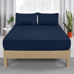 NY Threads Queen Fitted Sheet with 2 Pillow Cases (50x75cm) - Deep Pocket (35 cm (Navy, Queen)