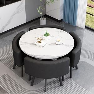 WOOOFA Round Dining Table Set for 4, Faux Marble Conference Table and Chairs Set, Kitchen Table Chairs Set with Strong Metal Frame, Space-Saving, Office Table and Chair Set for Home and Apartment