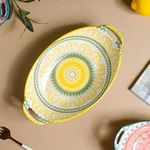 Nestasia Ceramic Serving Platter with Handles | Yellow Mandala Print Microwave & Dishwasher Safe Serveware | Ideal for Serving Snacks, Appetizers, Salads, Starters & Noodles (10.8 Inch)