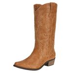 Ladies Cowgirl Cowboy Boots for Women Block Heel Pu Leather Western Wedding Shoes Tan Size 6