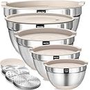 Umite Chef Mixing Bowls with Airtight Lids Set, 8PCS Stainless Steel Nesting Bowls with Grater Attachments, Non-Slip Bottoms, 5, 4, 3.5, 2, 1.5QT for Mixing & Serving