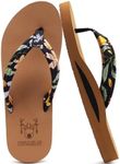 KuaiLu Womens Yoga Mat Flip Flops with Comfortable Arch Support Ladies Summer Beach Pool Waterproof Thong Sandals Comfort Supportive Cushion Slip on Cheap Flipflops Floral Fabric Brown Size 10