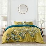 Sweet Jojo Designs Yellow Teal Floral Bird Girl Queen Duvet Cover Bedding Set Full Size Bed Comforter Case Shams 3pc -Chartreuse Turquoise Blue Flowers Cottagecore Vintage Botanical Pink Blossom Tree