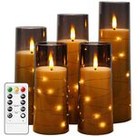 salipt Flameless Candles, LED Battery Operated Flickering Candles, Moving Flame Electric Candle Sets Glass Effect with Remote Timer, Set of 5, H 5" 6" 7" 8" - Fairy Lights Grey