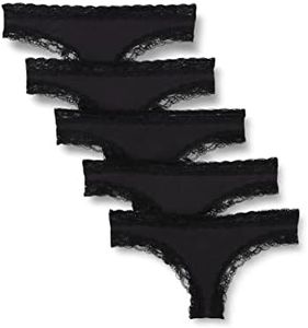 Iris & Lilly Intimo Perizoma in Cotone e Pizzo Donna, Pacco da 5, Nero, 40