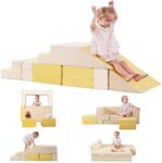 Baby Foam Climbing Blocks|Modular Kids Play Couch with 2 Cubes Indoor,Foldable Soft Play Set for Toddlers Crawling & Climbers,Beige & Yellow