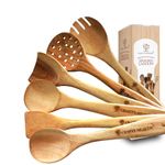 CRAFTY HEAVEN Wooden Spoon Set for Cooking Natural Neem Wood Lakdi Chamach Set Handmade Kitchen Utensils Include Frying, Serving, Spatula, Chapati, Rice Spoons Ideal for Gifting Set of 6