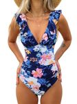 CUPSHE Women's One Piece Swimsuit Ruffled Lace Up Beach Swimwear Tummy Control Bathing Suit Swimming Costume Navy Blue/Daisy L