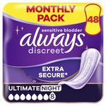 Always Discreet Incontinence Pads Women, Ultimate Night, Absorbency 7, 48 Sanitary Pads Heavy Flow (12 x 4 Packs), Extra Secure Bladder Weakness Pads Women, Odour Neutraliser