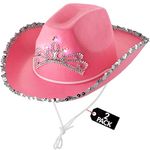 Bedwina Pink Cowgirl Hat for Kids (Pack of 2) w/Light-Up Blinking Tiara w/Sequin Trim Fringe and Drawstring, 6" x 7"