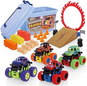 Wheelz Monster Truck Stadium Set - Monster Truck Toys For 3-6 Year Old Boys - Includes 4 Monster Trucks, Storage Tub & Accessories - Boys Car Toys Age 3 Plus