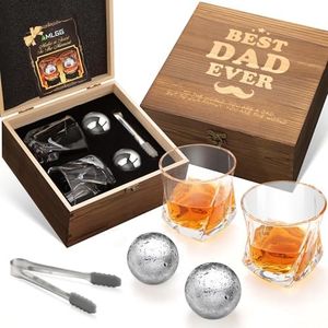 Regalos para papá, regalos para papá de hija e hijo, regalos de cumpleaños para papá, juego de regalo de whisky para papá con caja de madera Best Dad Ever, 2 vasos de whisky, 2 bolas de whisky de