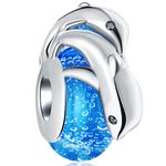 Mum/Baby Sea Dolphins on Blue Murano Glass Charm Beads, Fit Pandora Ocean Bracelet, 925 Sterling Silver Playful Dolphins Charms, First Mothers Day Gift for Daughter/Son/Girl/Boy