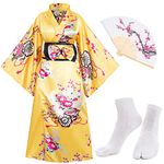 Japanese Anime Women's Long Kimono Robe Fancy Dress Hand Held Silk Folding Fans Tabi Socks set Golden yellow