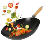 BARGAINS-GALORE New 30CM Non Stick Wok Fry Asian Frying PAN Two Wooden Handle Kitchen Pot Grill Cook Chinese | Classic | Non-Induction/Wooden Handle/Flat Base PAN