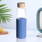 The Better Home UMAI Glass Water Bottle 550ml | BPA Free with Bamboo Lid | Leak Proof Portable Bottle for Office Gym School | Non Slip Sleeve | Blue