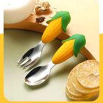 Monkhood Premium Stainless Steel Baby Feeding Spoon Set, Spoon & Fork Set with Travel Case, Food Grade Silicone Spoon, BPA & Phthalates Free, Ideal for Kids 12+ Months - Corn Yellow & Green Color