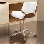 Fohfurniture Elegant Walnut Bentwood Swivel Home Computer Office Chairs, White Vanity Chair Retro Rolling Desk Chair Swivel Height Adjustable with White Faux Leather Upholstery