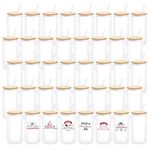 40 Pack Sublimation Glass Cups Cans Shaped Blank Frosted with Bamboo Lids Borosilicate Glasses Tumbler Mason Jar Cups Mug with Glass Straw for Beer, Juice, Drinks 16oz