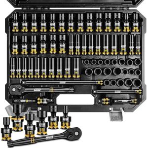 BOEN 3/8" Drive Impact Socket Set, 67PCS Standard SAE (5/16"-3/4") & Metric (8-19mm) with Shallow & Deep Sockets, Includes Swivel Sockets, 6-Point Yellow Embossed Marking for Auto Repair, CR-MO Steel