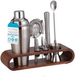 BIRDROCK HOME 10 Piece Professional Bartender Cocktail Mixing Set with Acacia Wood Stand | Stainless Steel Bar Tools for Home | Gift for Him | Includes Shaker, Muddler, Strainers, Jigger, and Spoon