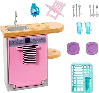 Barbie Furniture and Accessories, Doll House Decor Set with Dishwasher Theme, Kitchen Add-On with Counter Sink