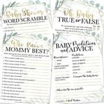 Hadley Designs 25 Greenery Who Knows Mommy Best, Baby Prediction And Advice Cards, 25 Word Scramble, True Or False-4 Double Sided Cards Baby Shower Ideas, Gender Reveal Games Baby Shower Games
