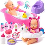 Toyssa Baby Doll Bath Set, Baby Doll Accessories with Swimming Ring Bath Tub Potty Baby Bottle Duckling, Pretend Play Baby Bath Set Gifts Toys Dolls for Girls Kids Age 3 4 5 6 7 8 (Baby Doll Included)