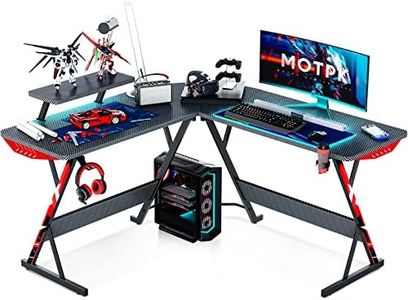 MOTPK L Shaped Gaming Desk with Carbon Fiber Surface, Corner Computer Desk L Shape with Monitor Shelf, Gamer Desk Gaming Table with Cup Holder & Headphone Hook, Black, 51 Inch