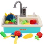 Toddler Play Sink with Running Water,Pretend Role Play Kitchen Toys for Kids with Accessories Vegetable Fruit,Electric Dishwasher with Automatic Water Cycle System,Water Play Gift For Boys Girls,Green