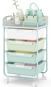 SYKIARIOL 4-Drawer Rolling Storage Cart with Mesh Top, Utility Craft Organizer Cart on Wheels with DIY Labels, Rolling Drawer Cart for Home Office Classroom Bedroom, Green