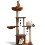 FUKUMARU Cat Tree, 136 cm Medium Cat Tower with Padded Plush Perch and Cave, Wooden Cat Condo with Cat Scratching Post and Hammock, Cat Climber Stand Playhouse for Indoor Cats,Retro Style