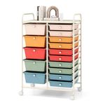 COSTWAY 15 Drawers Storage Cart, Multipurpose Rolling Utility Cart on Wheels w/Lockable Wheels & Removable Drawers, Mobile Tools Scrapbook Paper Organizer Cart for Office School Home, Macaron