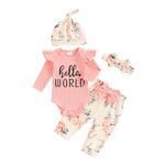 Newborn Girl Spring Long Sleeve Romper Clothes Set I’M NEW Here Letter Bodysuit Flower Print Pants Hat and Bow Headband 4Pcs Set Outfit (Dakr Pink, Newborn)