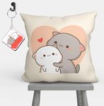 Peach and Goma Mochi Cat Cushion Pillow (12x12) with Keychain - Gift for Birthday, Anniversary, Valentine's Day, Husband, Wife, Friends, Lover, Brother, Beautiful Gift Valentine Pillow for Couple 13