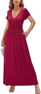 OUGES Womens Short Sleeve V-Neck Wrap Waist Maxi Dress(Wine394,S)