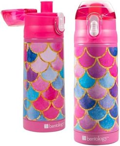 Bentology Stainless Steel 13 oz Reusable Water Bottle for Kids, Mermaid -Double Wall Insulated, Spill Proof Lid w/Built-in Straw- Keep Liquids Hot or Cold For Hours- Fits in Lunch Boxes & Bags