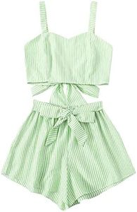 SweatyRocks Women's 2 Piece Outfits Summer Sleeveless Tie Back Crop Cami Top and Shorts Set Stripe Green S