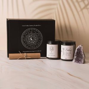 Personalized Zodiac Candle Gift Set – Astrology Candles with Name & Birth Sign – Hand-Poured Soy Wax – Amethyst Crystal & Horoscope Scroll – Birthday & Spiritual Gift